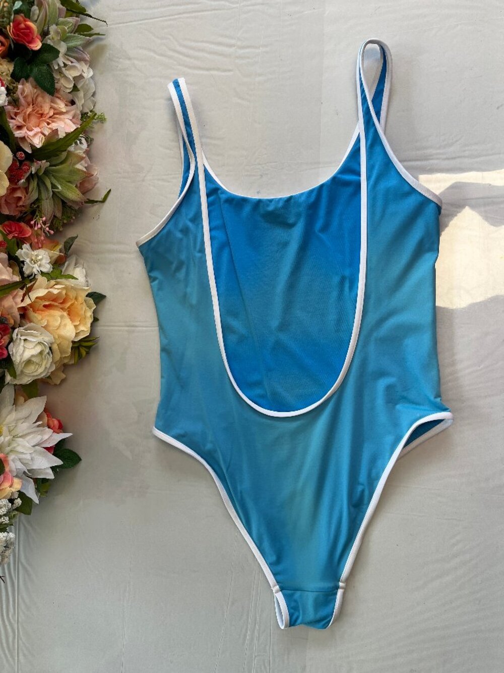 Sporty & Rich One Piece Swimsuit Scoop Back Blue White Trim S - Picture 12 of 12